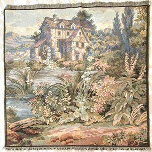 Vintage Italian Tapestry With Medieval Watermill Italian Countryside 19" x 19"